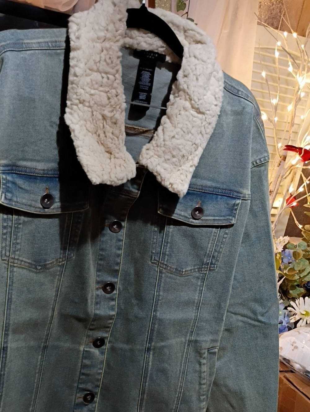 Studio Light Blue Denim Jacket with Cream Sherpa Collar